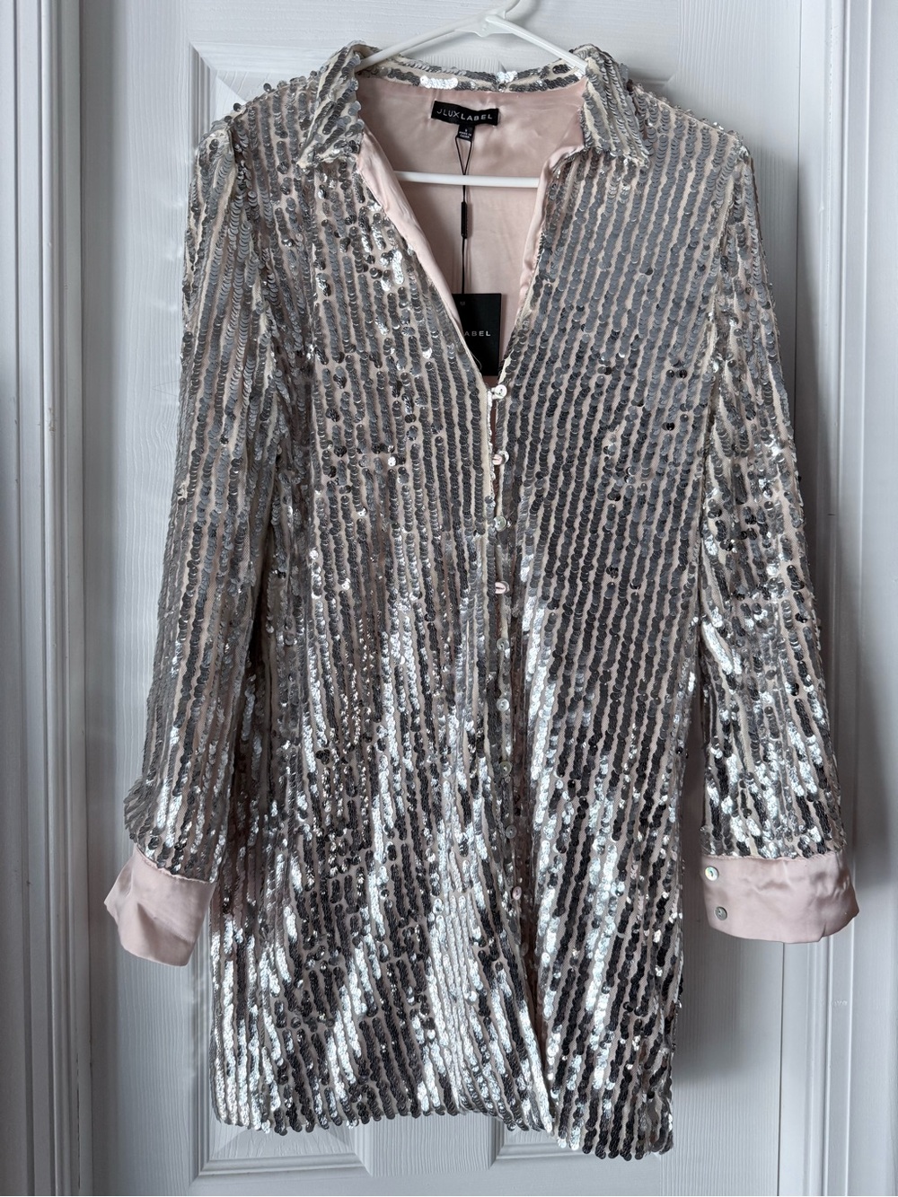 JLUXLABEL Silver Sequin Mini Dress with Blush Lining Sz S